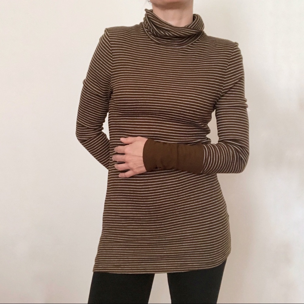 THREE DOTS Ribbed Stripe Turtleneck Tunic Knit Top